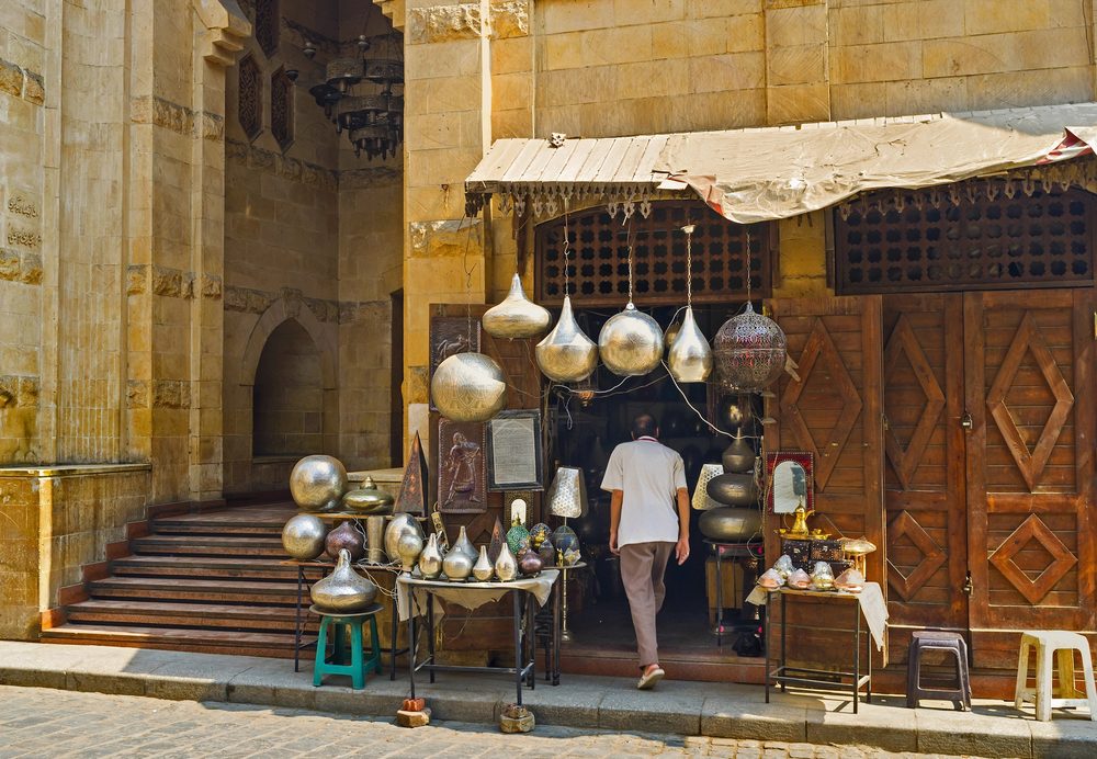 Lantern stalls glowing on Al-Muizz street in old Cairo